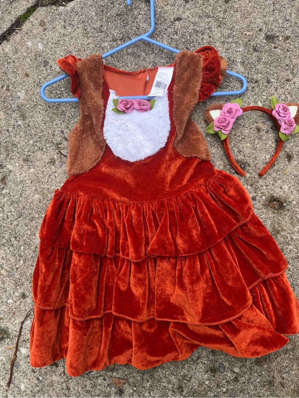 Girls' Orange Fox Velvet Costume Dress with Floral Headband